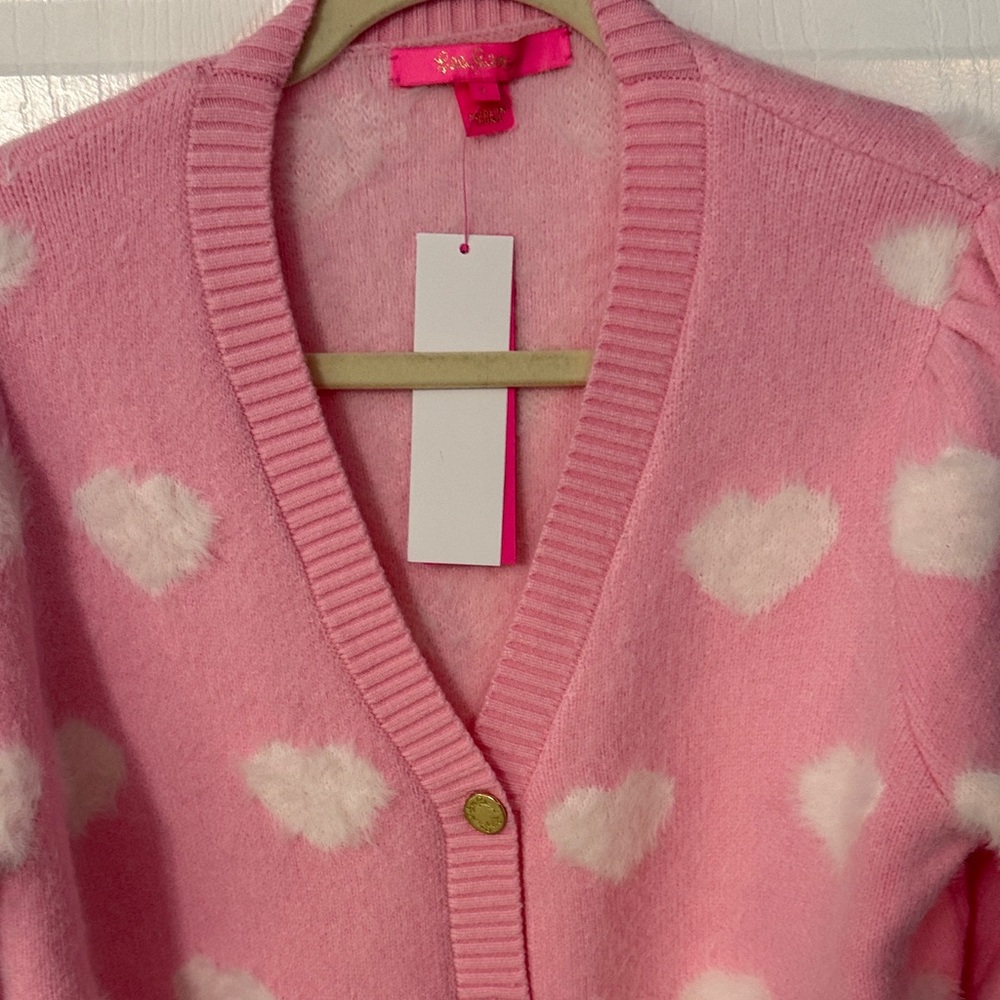 Lilly Pulitzer Pink and White Heart Cardigan - Picture 2 of 5